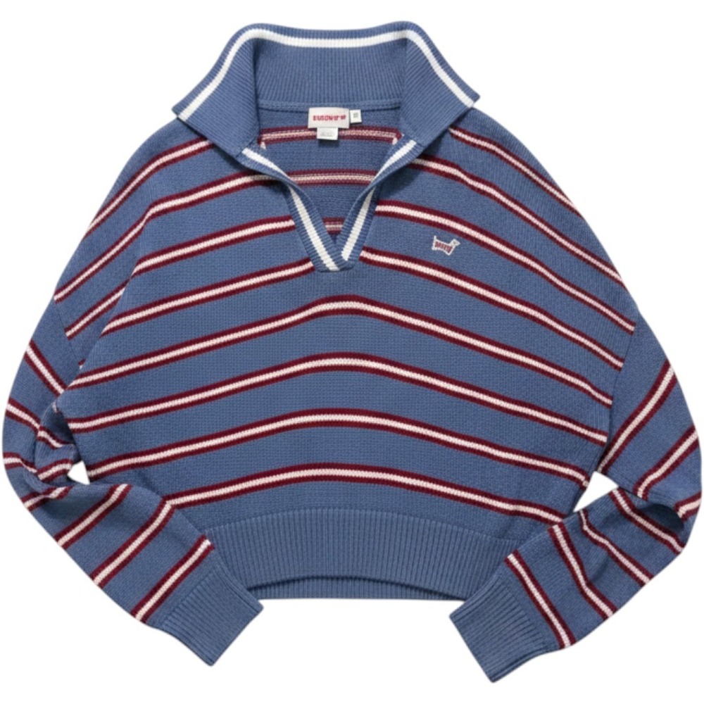 PINK Victorias Secret Cropped Polo Sweater Blue Striped Knit Pullover Large - Picture 1 of 5